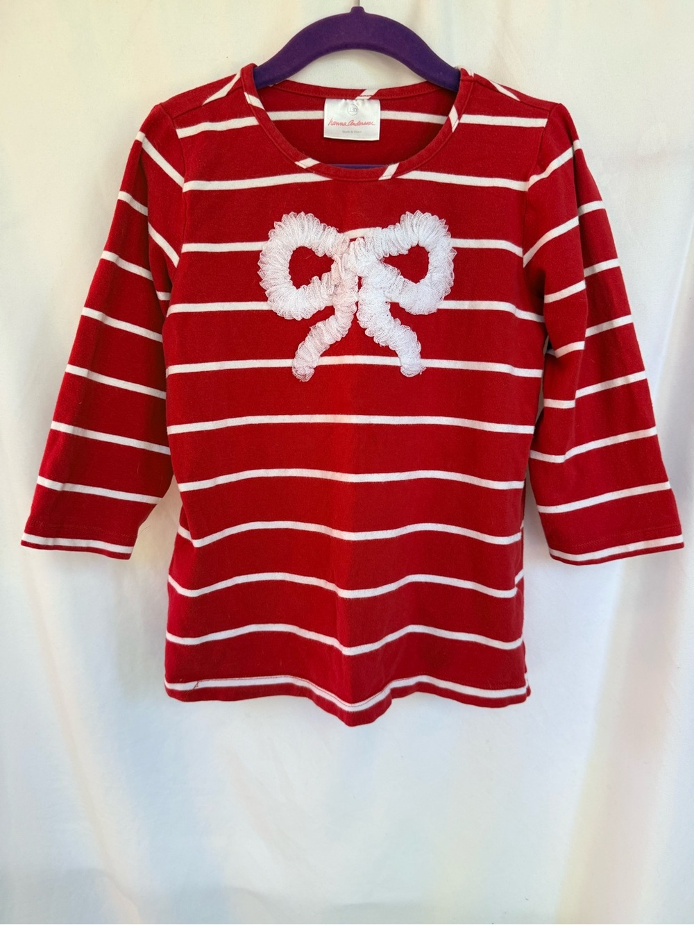 Hanna Andersson Red & White Striped Knit Top with Lace Heart Detail
